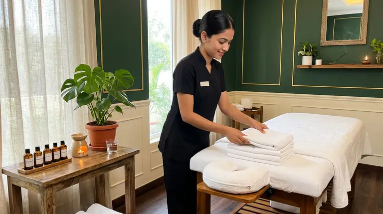 Therapist arranging towels in a clean spa room